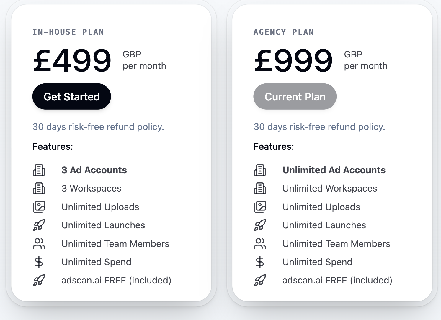 AdManage's pricing: Essential, In-house, Agency and Enterprise plans priced in flat GBP on ad accounts