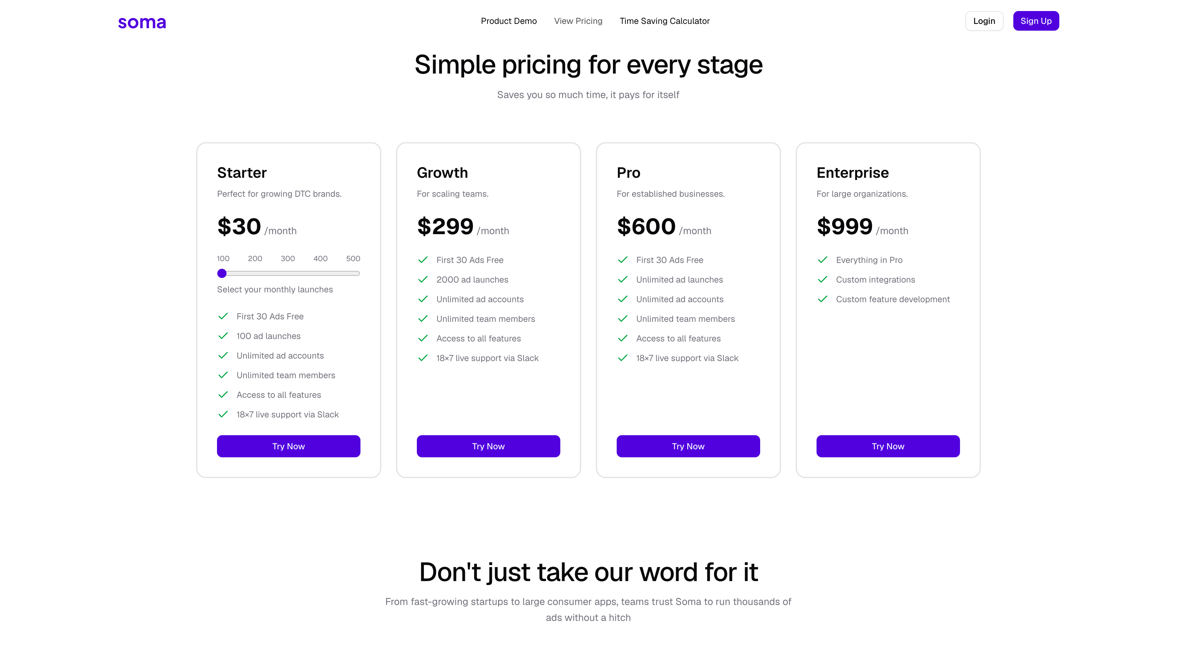 Soma's pricing: Starter $30 for 100 launches, Growth $299 for 2,000, Pro $600 unlimited, Enterprise $999, each with unlimited ad accounts and team members